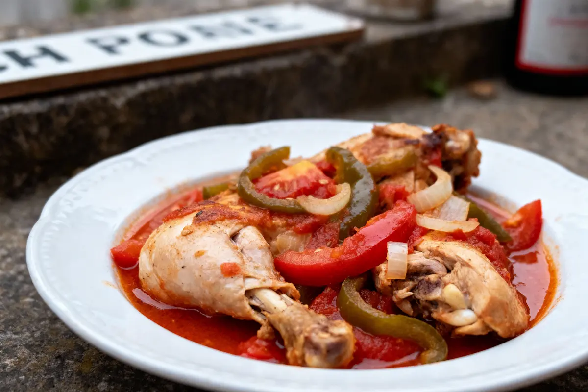 Plat de poulet mijoté avec tomates, poivrons et oignons, présenté dans une assiette blanche, sur fond naturel.
