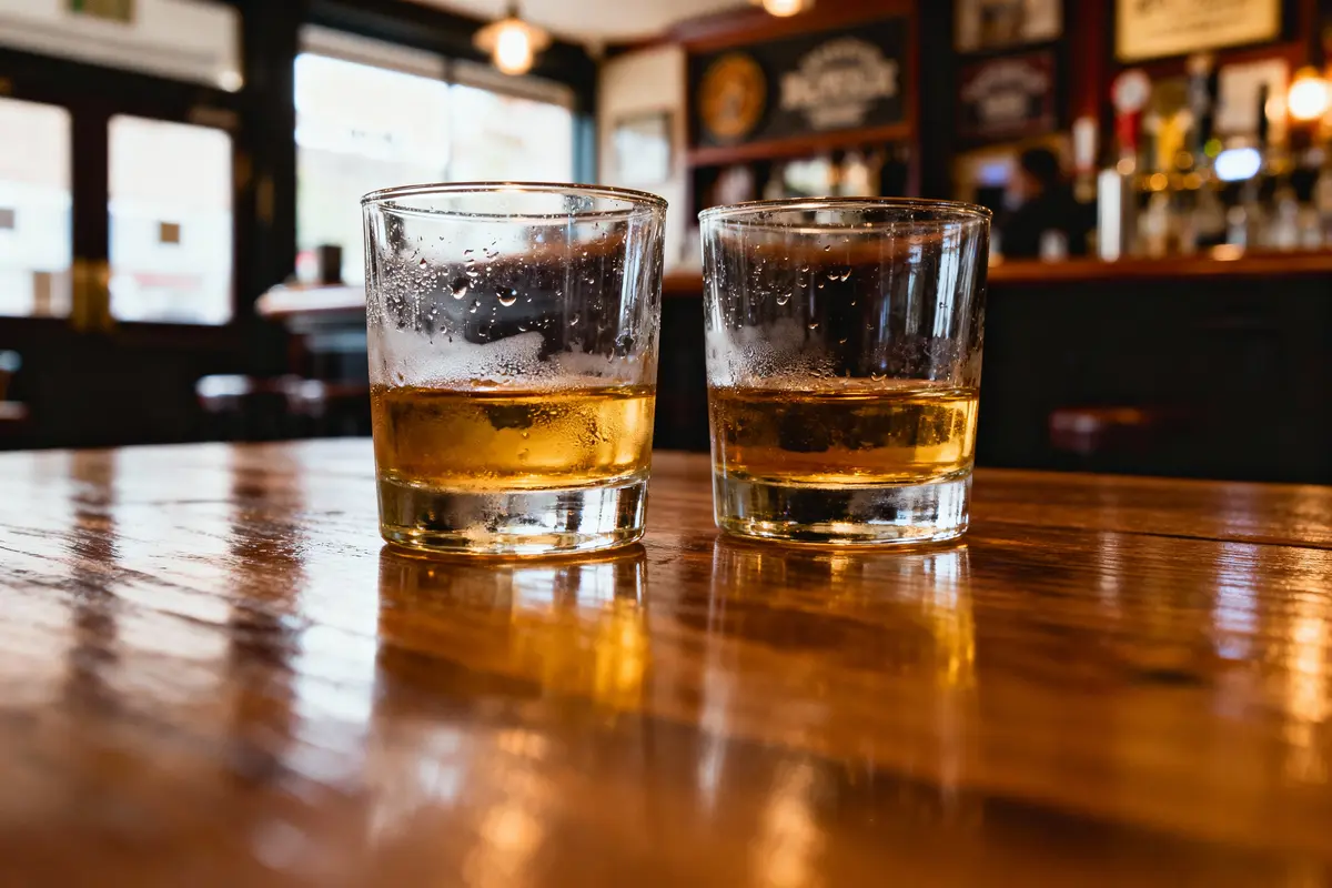 Deux verres de whisky sur une table en bois dans un bar, ambiance chaleureuse et décontractée.