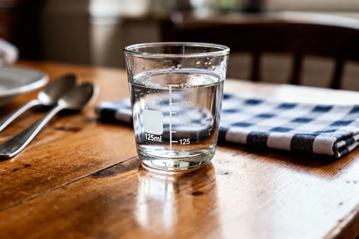 Verre d'eau sur table en bois, serviette à carreaux, ustensiles en arrière-plan.