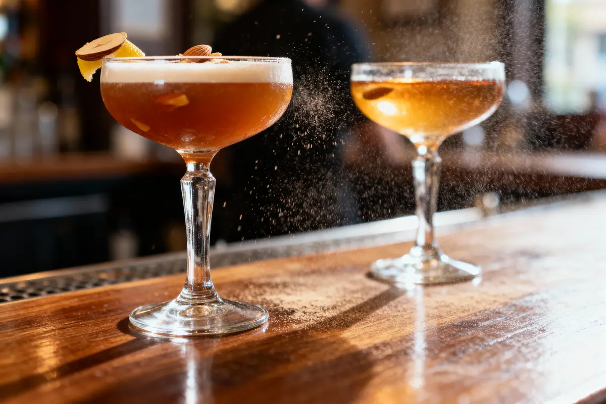 Deux cocktails ambrés sur un bar en bois, décorés de tranches de pomme et d'épices.