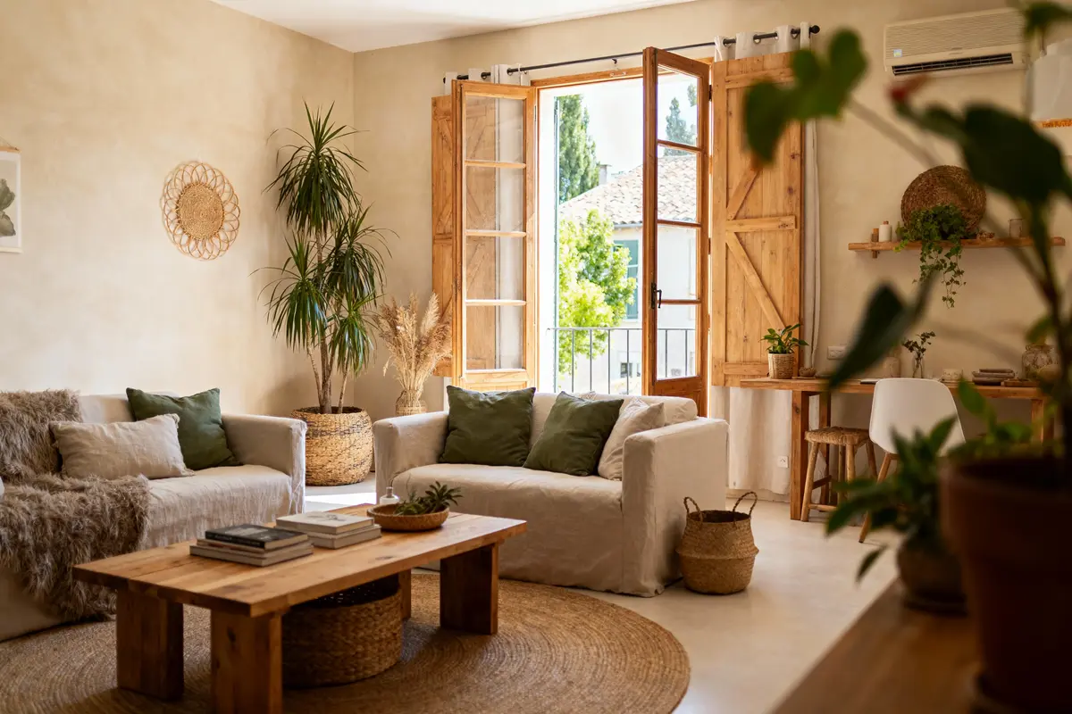 Salon confortable avec canapés, coussins verts, plantes, table basse en bois, et fenêtres ouvertes sur l'extérieur verdoyant.