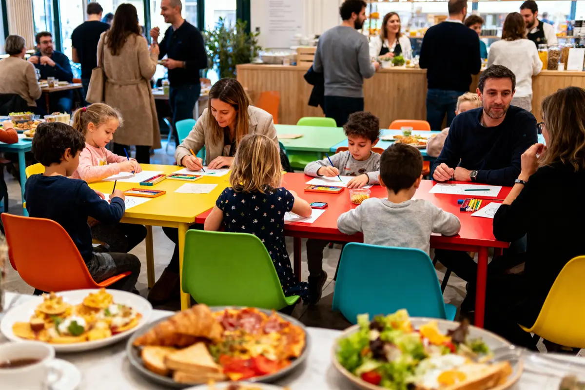 Enfants et adultes dessinent sur des tables colorées dans un café animé avec des plats variés en avant-plan.