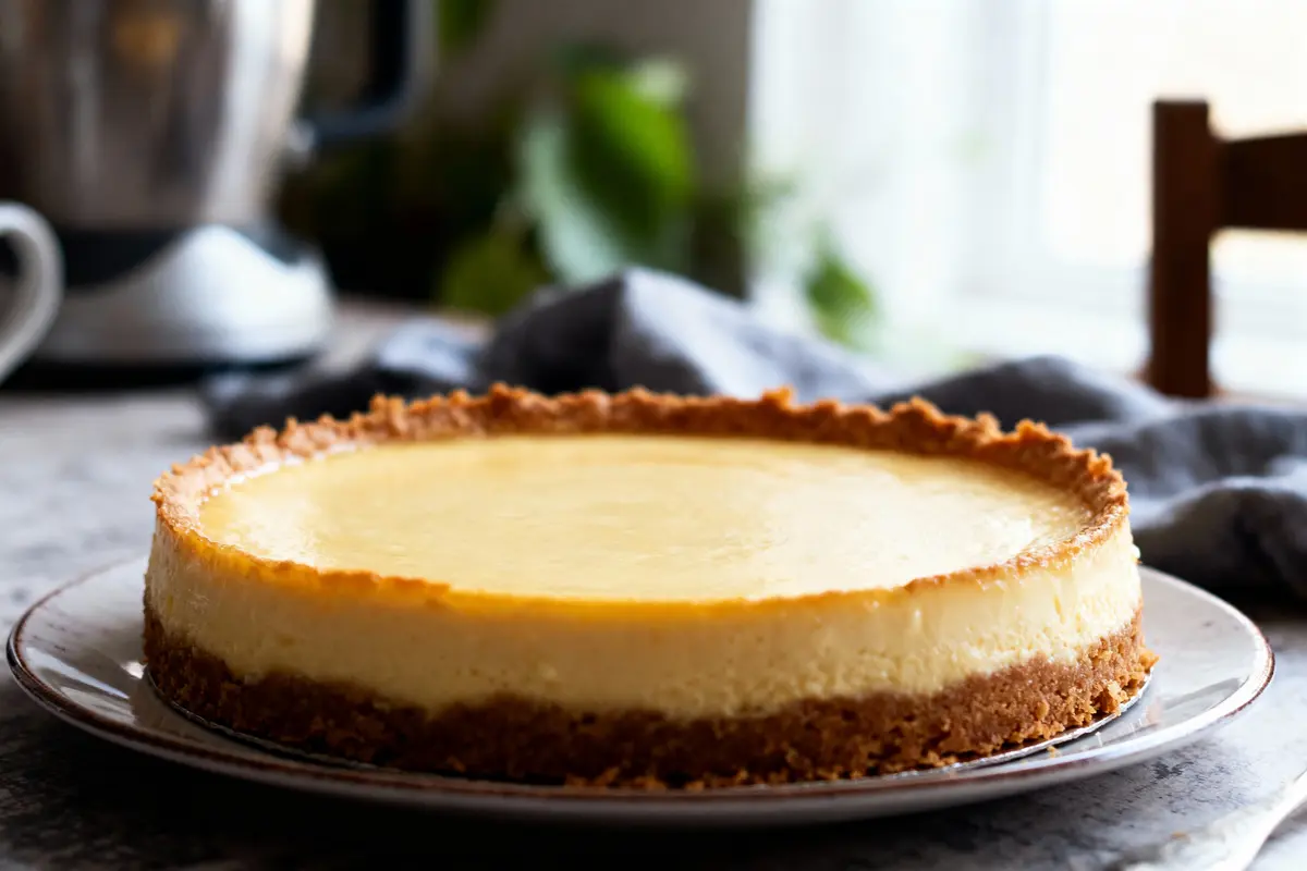 Cheesecake doré sur assiette dans une cuisine, éclairage naturel en arrière-plan flou.