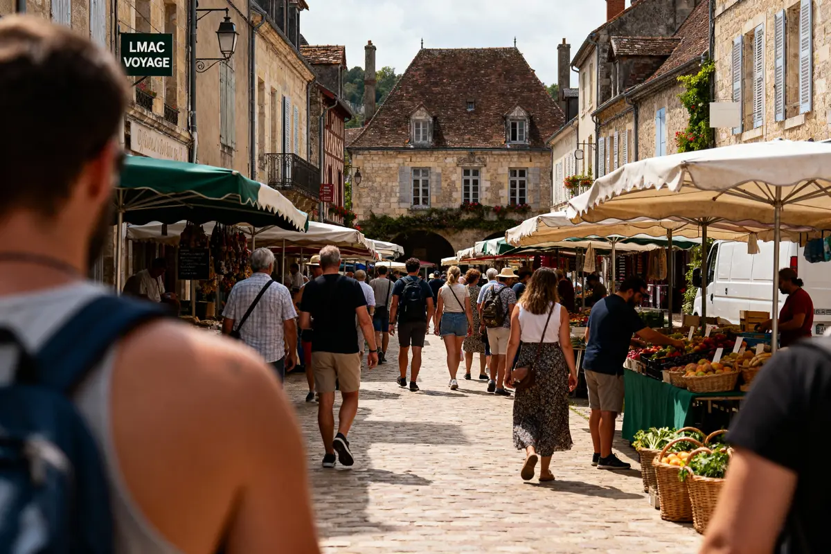 Marché extérieur animé avec stands de fruits en baskets, ruelle pavée, bâtiments en pierre, passants.