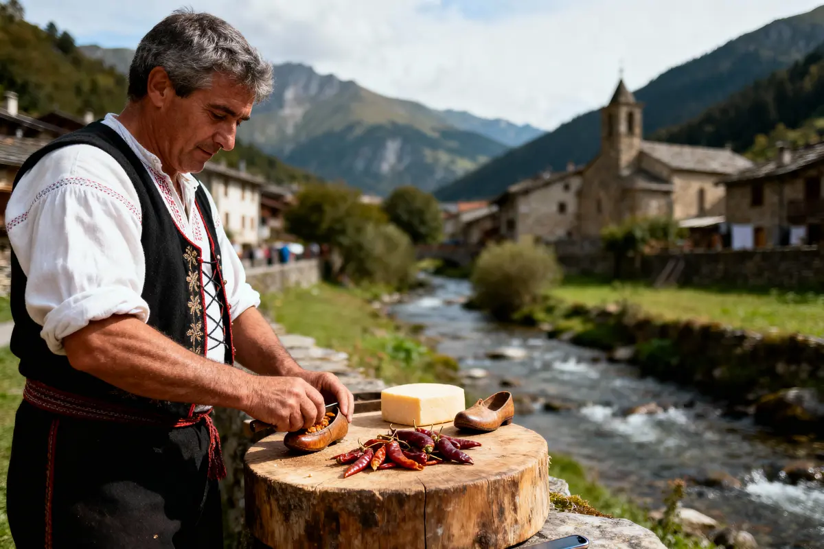 Homme en costume traditionnel, préparant nourriture près d'une rivière en montagne, village et église en arrière-plan.