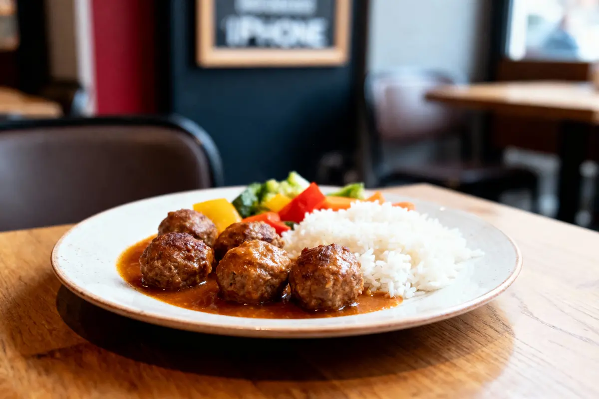 Assiette avec boulettes de viande, riz blanc, légumes colorés, sauce, sur table en bois, ambiance restaurant.