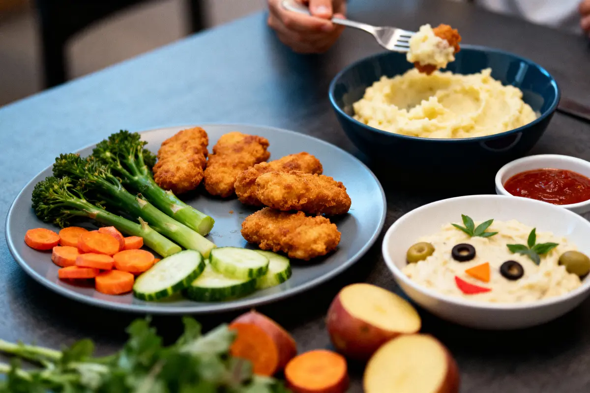 Assiette avec légumes, nuggets, purée, sauce, décorations d'olives et légumes sur la table. Repas coloré et varié.