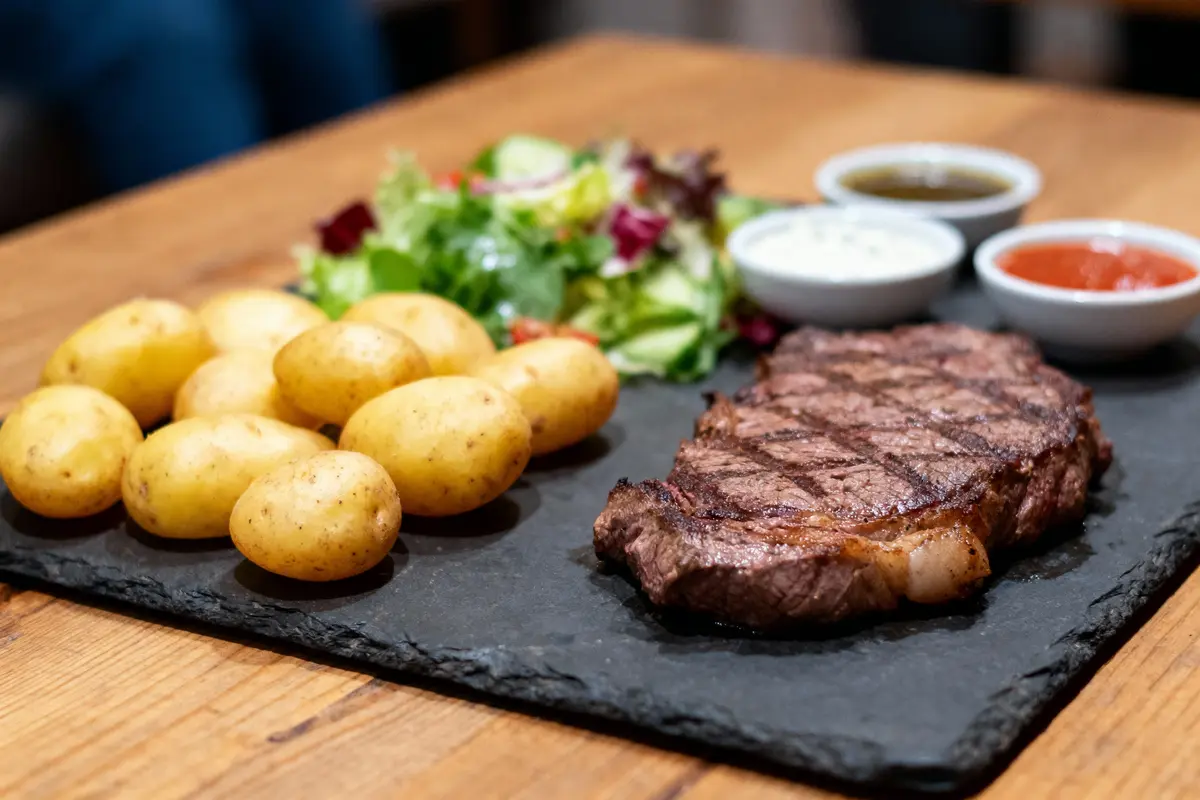 Steak grillé, pommes de terre, salade verte, sauces sur plaque ardoise, table en bois. Repas appétissant.