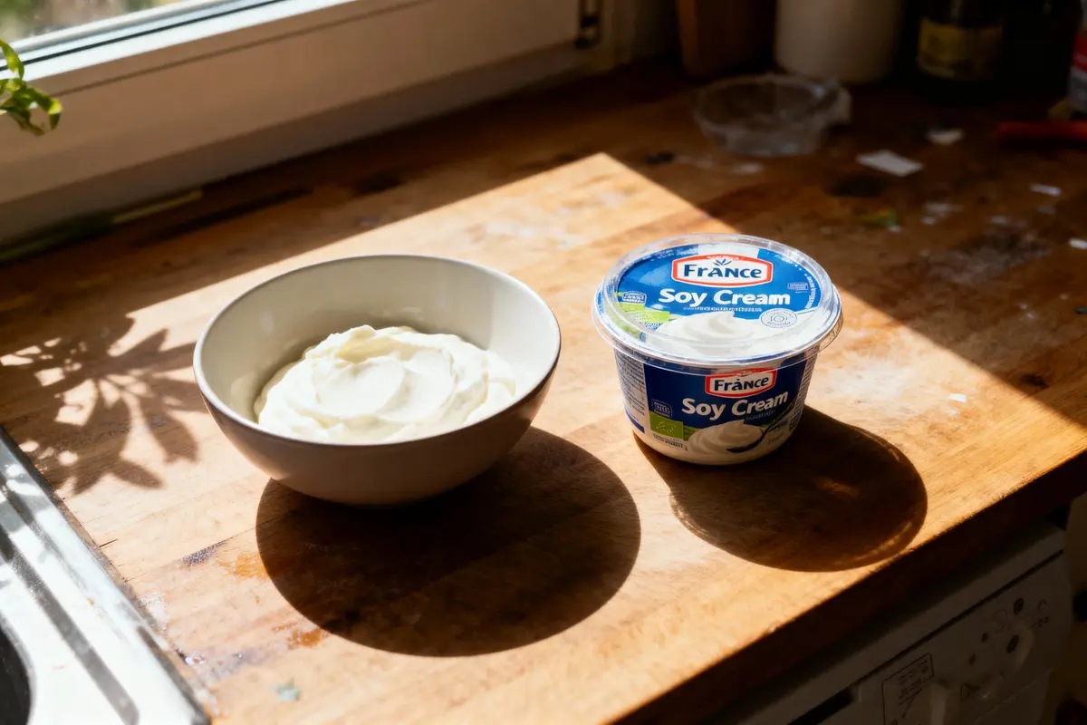 Bol de crème de soja à côté d'un pot sur une table en bois ensoleillée.
