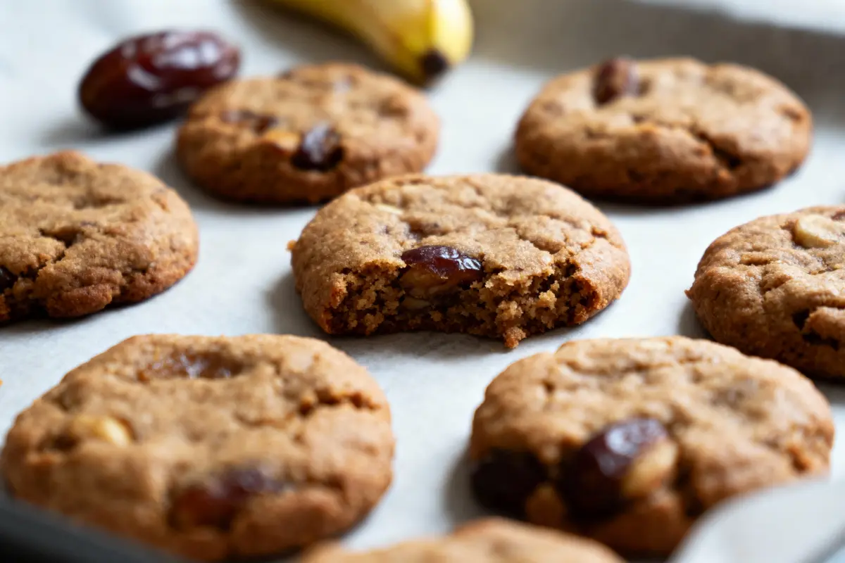Biscuits aux pépites de chocolat et morceaux de dattes sur une plaque de cuisson, banane en arrière-plan.