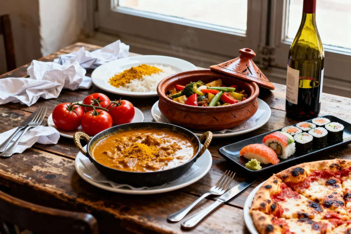 Repas varié sur table en bois avec curry, tagine, sushi, riz, tomates, pizza et bouteille de vin.