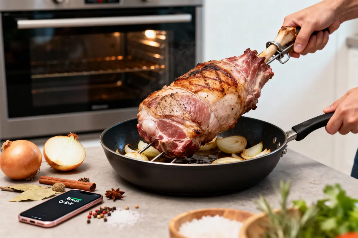 Gigot rôti dans une poêle avec oignons, épices, et téléphone affichant "Pompi" près d'un four allumé.