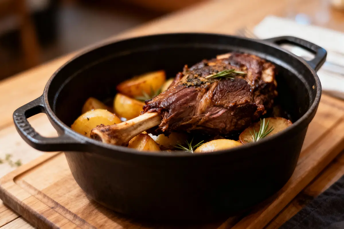 Agneau rôti avec pommes de terre et romarin dans une cocotte noire sur planche en bois.