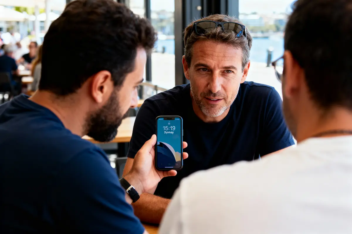 Trois personnes discutent, une montre un téléphone avec l'heure affichée, dans un café lumineux.