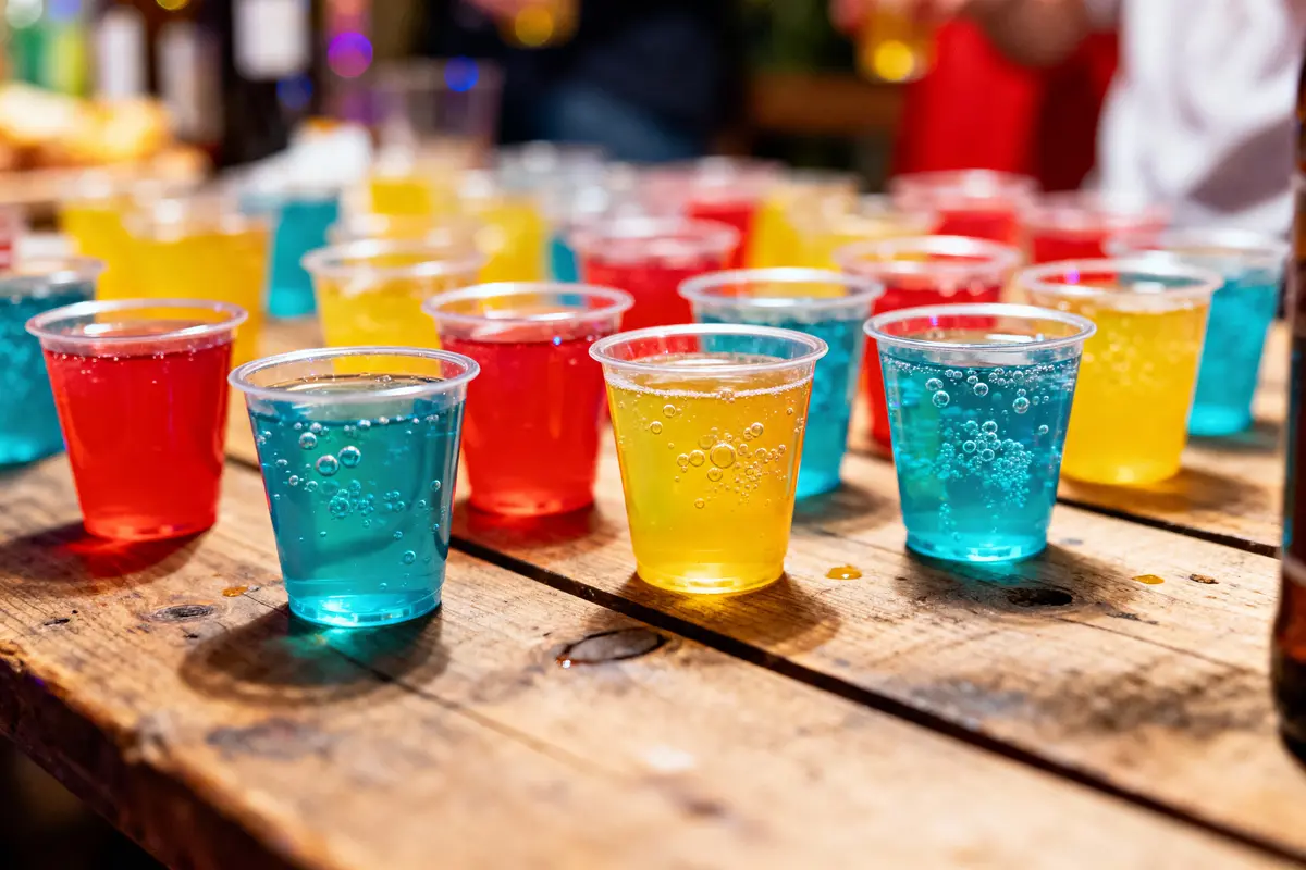 Gobelets colorés de boissons gazeuses bleues, rouges, jaunes sur une table en bois lors d'une fête.