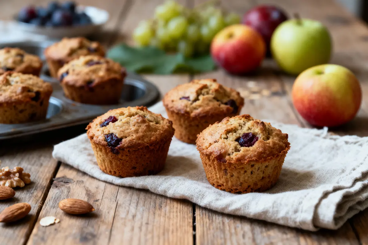 Muffins aux fruits secs sur table en bois, serviette beige, avec pommes et raisins en arrière-plan.