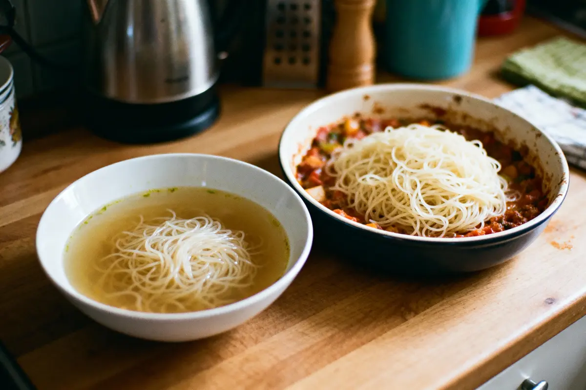 Deux bols de nouilles, l'un avec bouillon clair, l'autre avec sauce tomate, sur plan de travail cuisine.