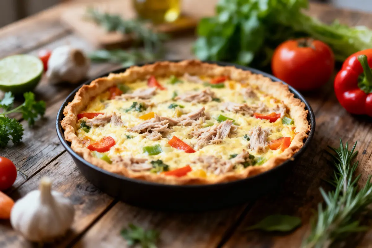 Quiche maison avec légumes variés et morceaux de viande, sur table en bois avec ingrédients frais environnants.