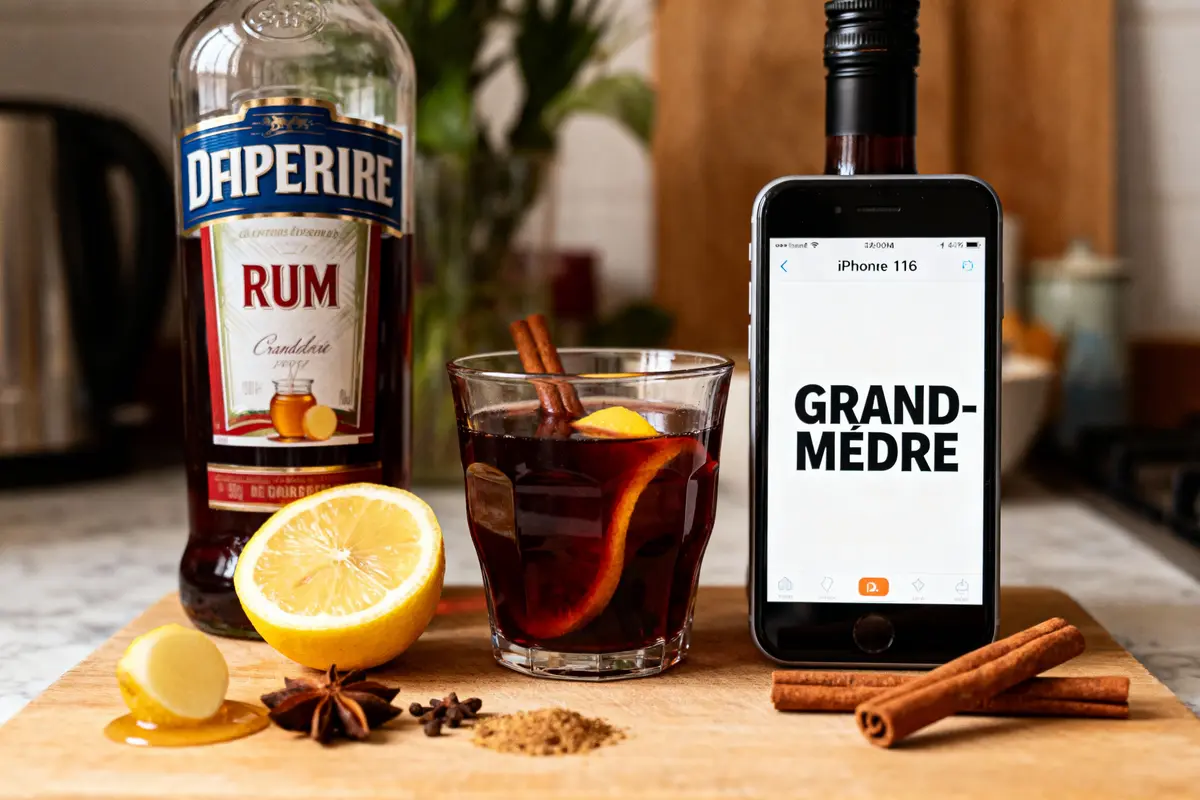Bouteille de rhum, verre avec épices, citron, gingembre, téléphone affichant "Grand-mère", sur une table en bois.