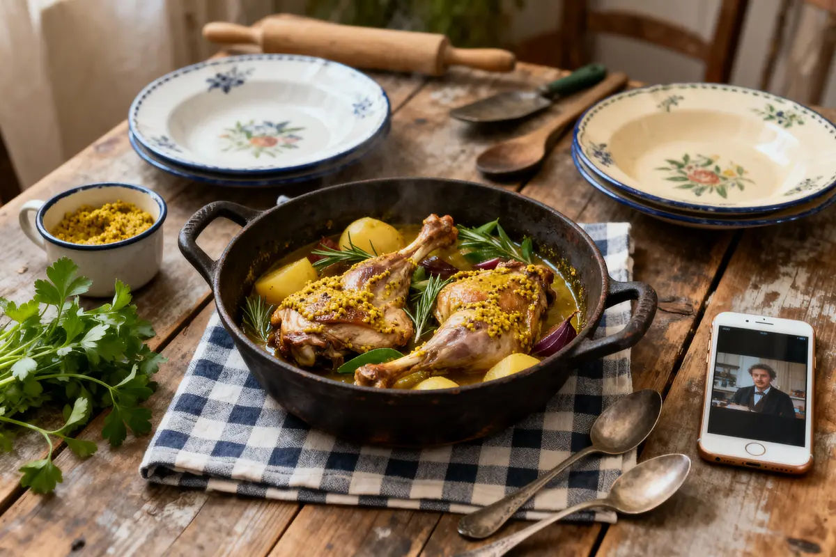 Plat de cuisses de poulet rôti avec pommes de terre et herbes sur table en bois rustique.