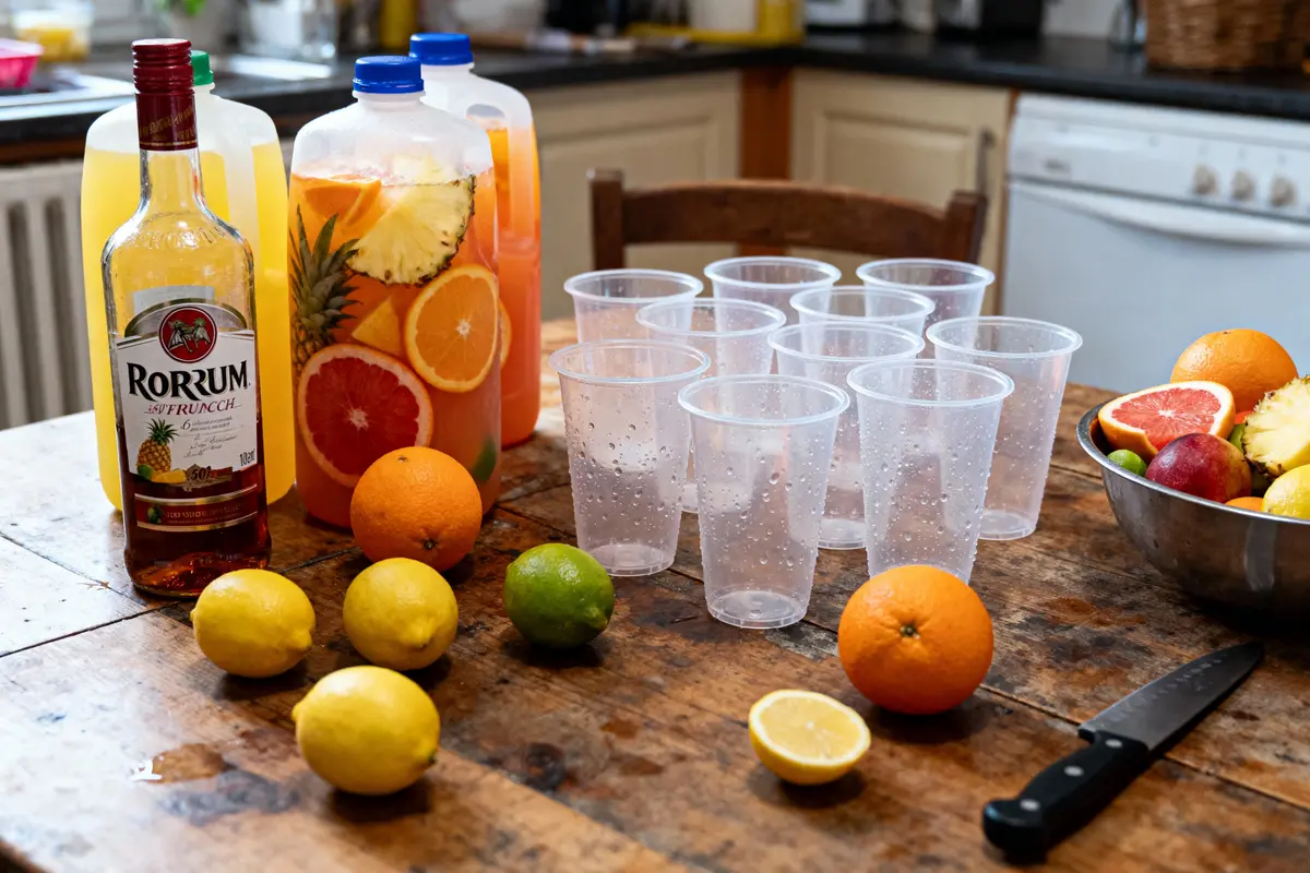 Bouteille de rhum, jus, fruits, gobelets, couteau sur table en bois, ambiance préparation de cocktail.