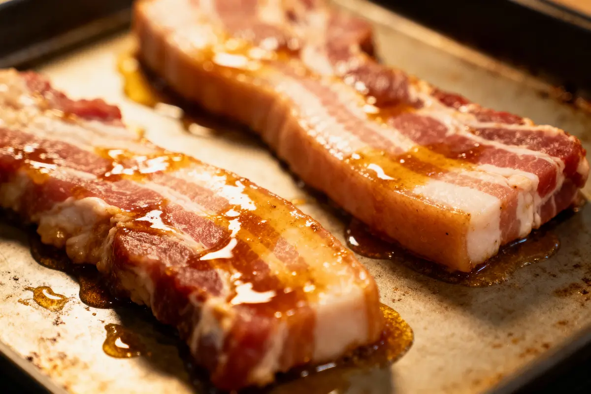 Deux tranches de bacon cru sur une plaque de cuisson, légèrement huilées.