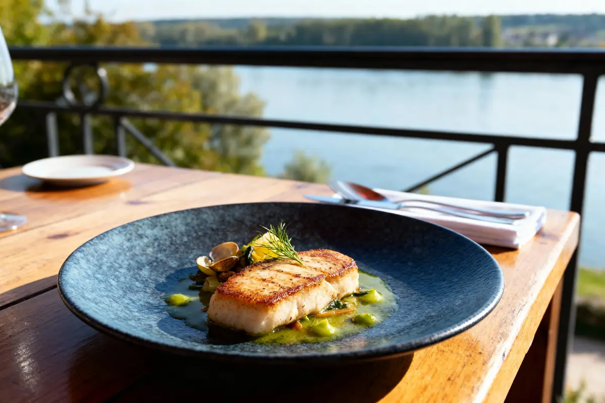 Assiette de poisson grillé avec accompagnements, sur une table en bois, vue sur un lac.