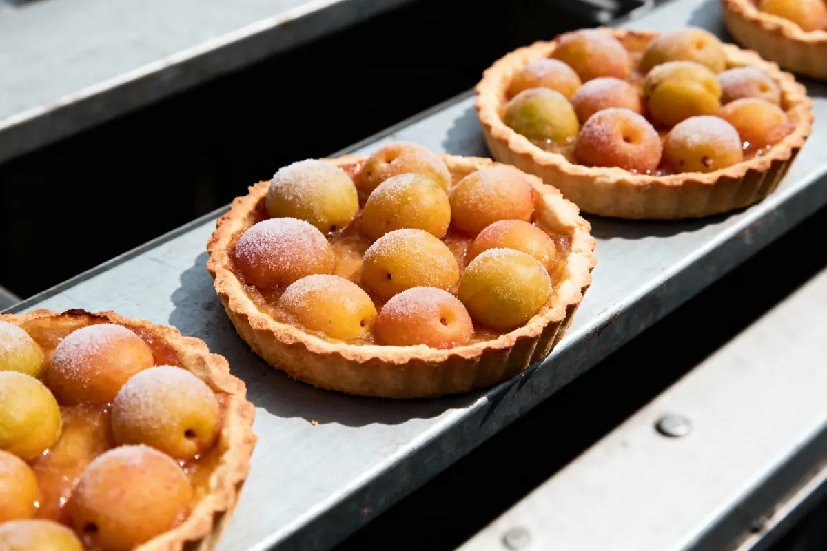Tartes aux mirabelles dorées, saupoudrées de sucre, sur un plateau en métal.