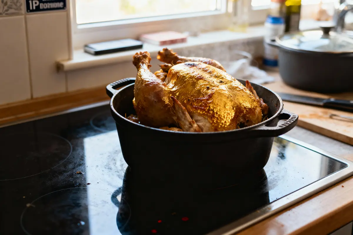 Poulet rôti recouvert de feuille d'or dans une cocotte noire sur une cuisinière près de la fenêtre.