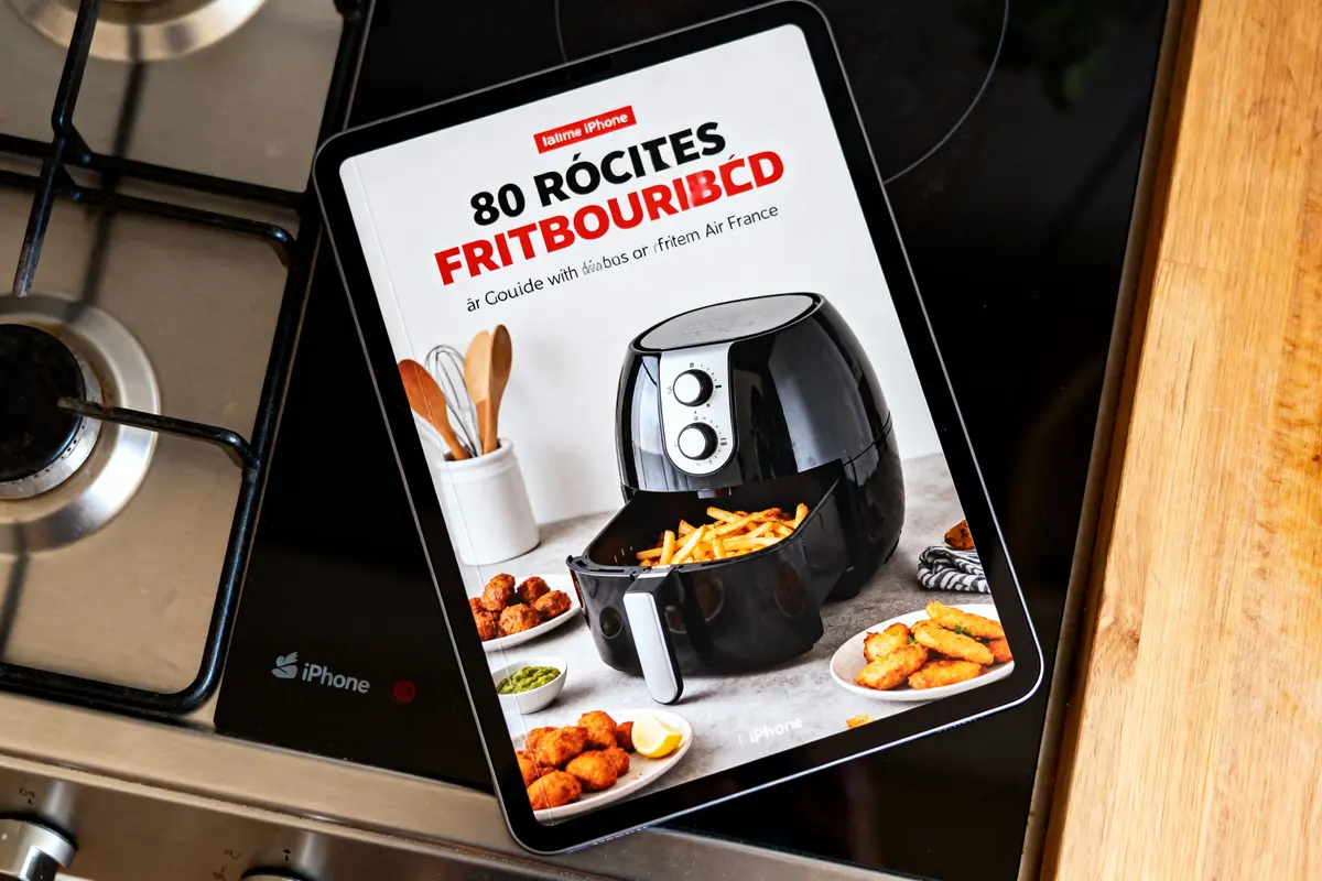 Tablette avec livre de recettes pour friteuse, posée sur une cuisinière, ustensiles et assiettes de nourriture visibles.