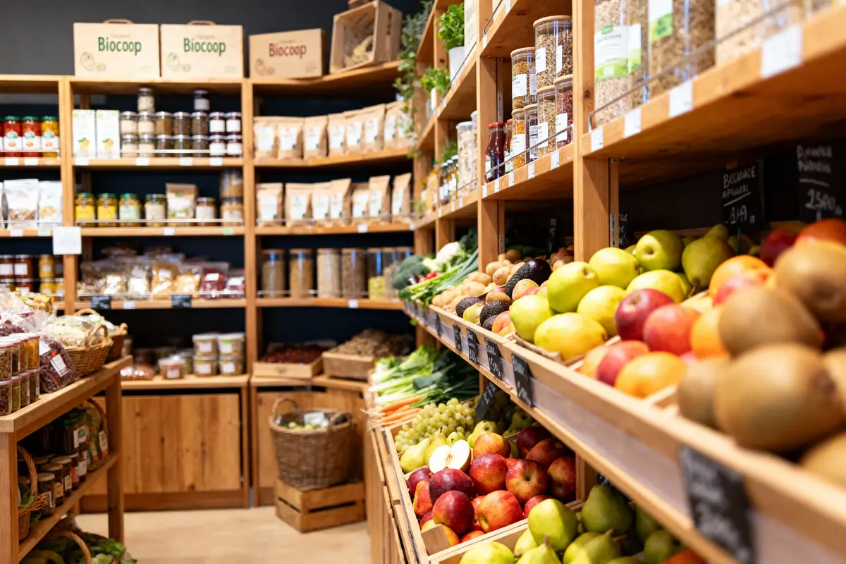 Épicerie bio avec fruits, légumes et produits en vrac sur étagères en bois. Ambiance naturelle et organisée.