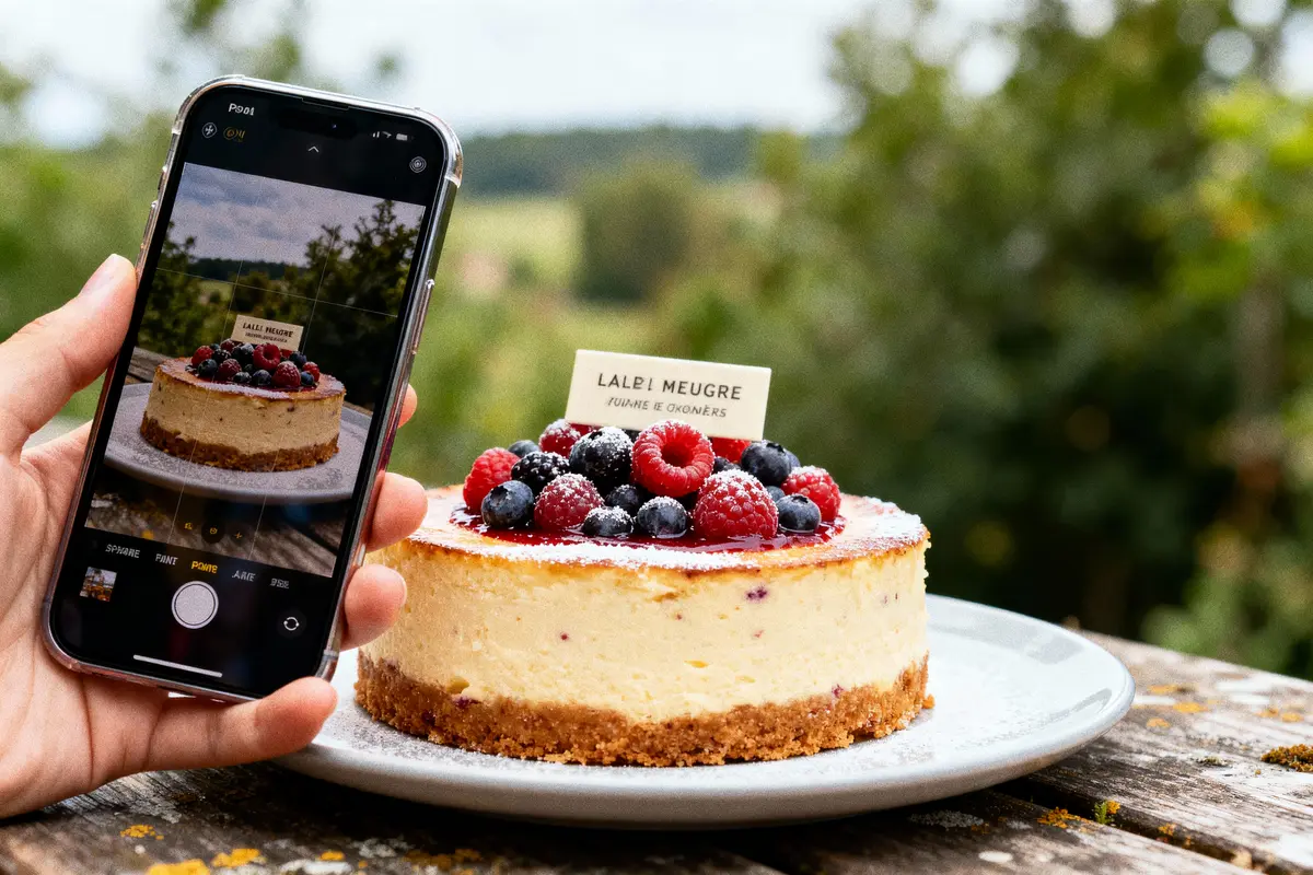 Cheesecake aux fruits rouges sur table en bois, pris en photo avec un smartphone en plein air.