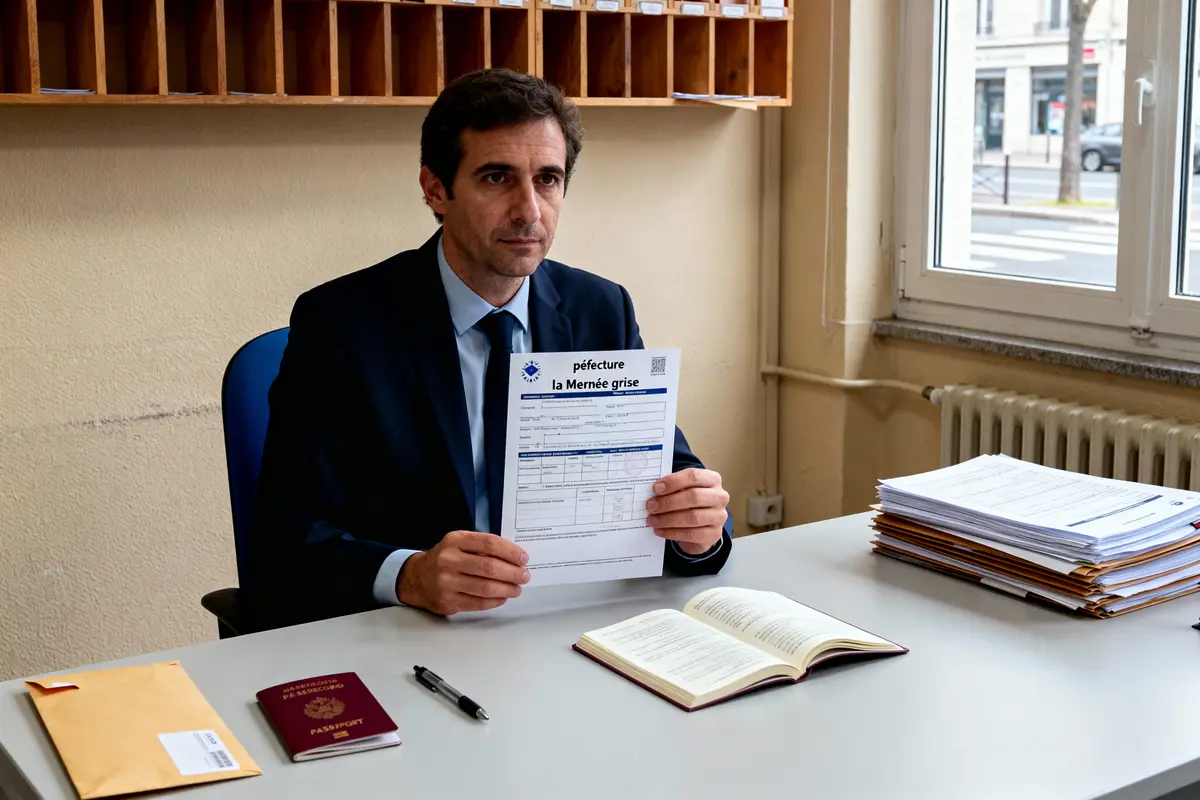 Homme en costume tenant document administratif, assis à un bureau avec passeport, livre ouvert et dossiers.