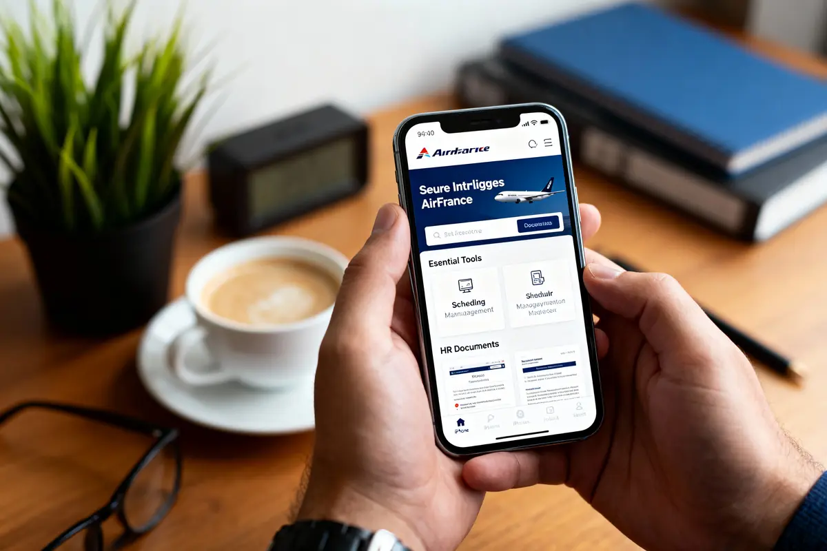 Un homme tient un smartphone, affiche application Air France, café et plantes en arrière-plan.