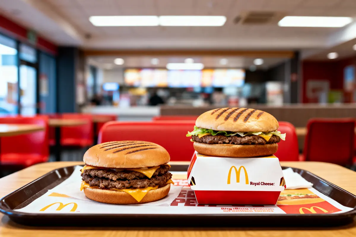 Deux hamburgers sur un plateau dans un restaurant McDonald's, avec des sièges rouges en arrière-plan.