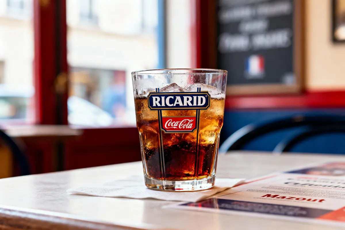 Verre Ricard contenant une boisson gazeuse brune avec glaçons, posé sur une table de café.