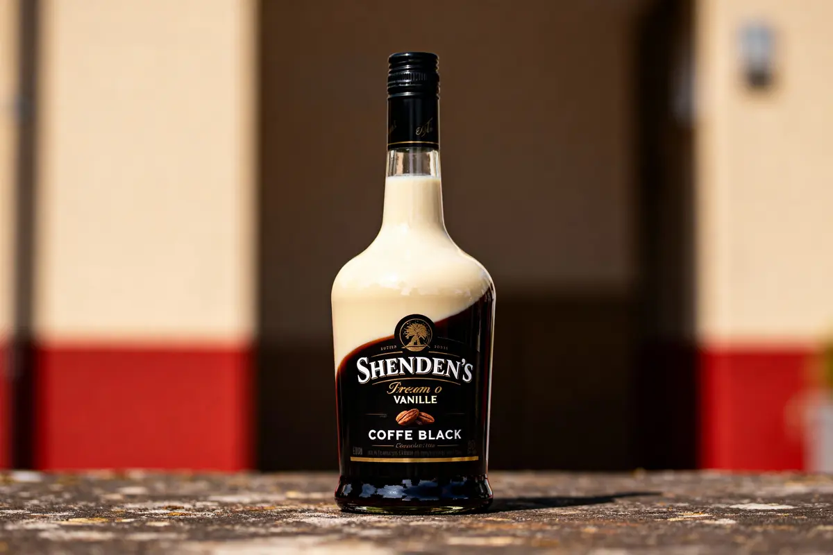 Bouteille de liqueur Shenden's vanille café noir, fond flou, posée sur une surface extérieure.