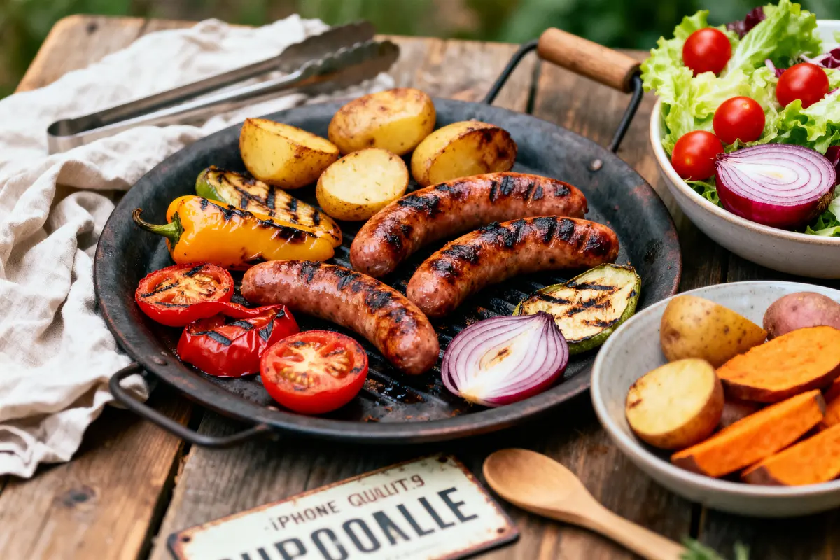 Grillade de saucisses avec légumes grillés, salade, pommes de terre, et patates douces sur table en bois.