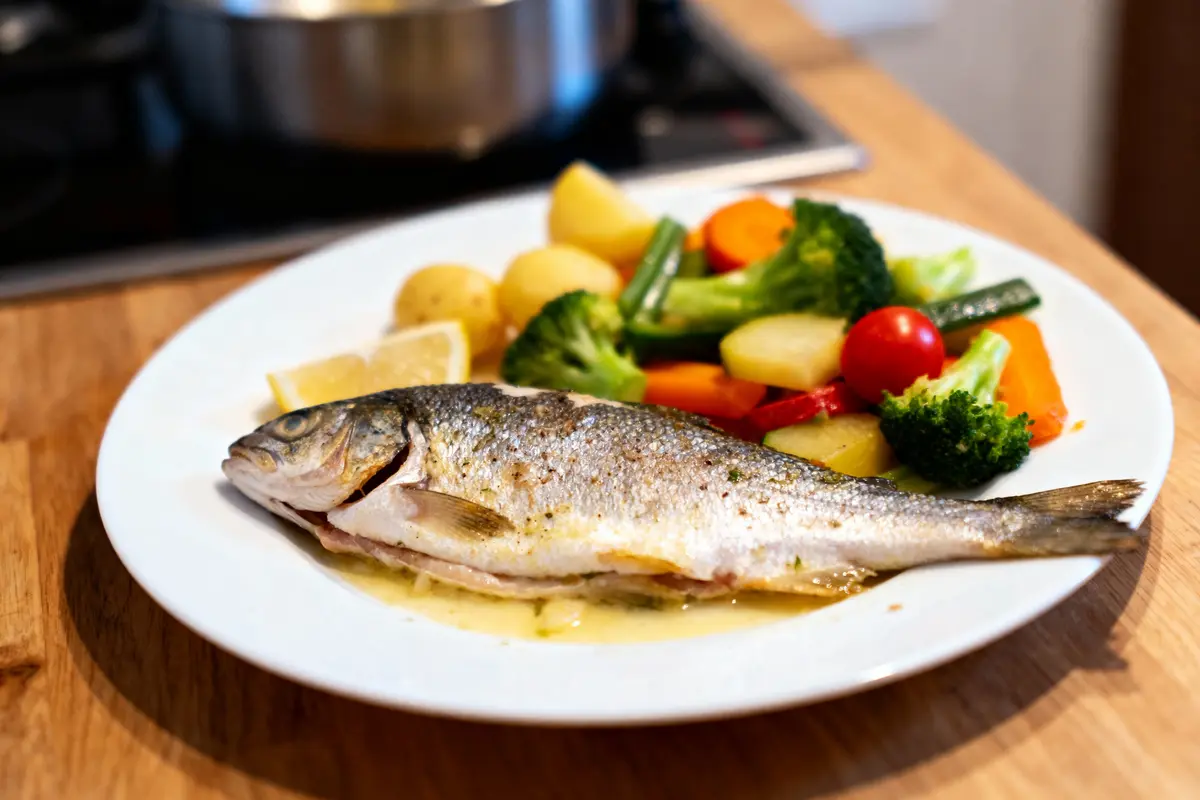 Assiette de poisson grillé avec légumes variés, pommes de terre et tranches de citron sur table en bois.