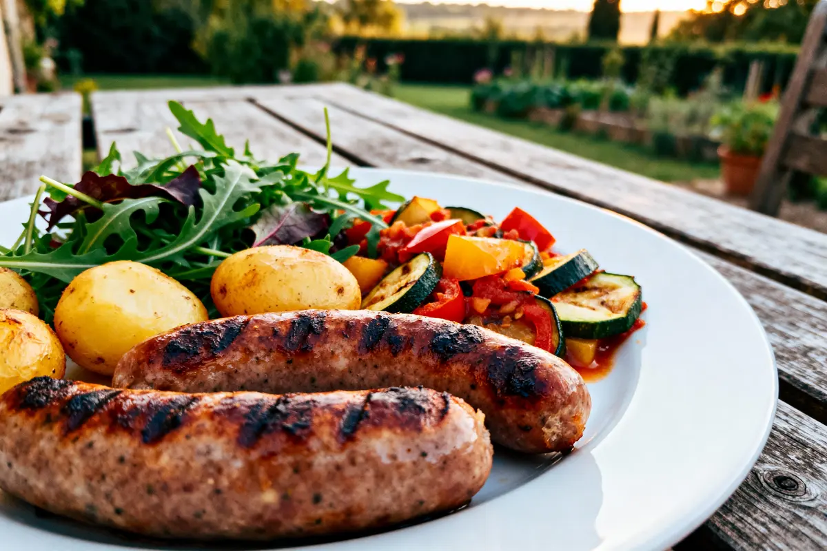 Assiette de saucisses grillées, pommes de terre, légumes et salade sur table extérieure, jardin en arrière-plan.