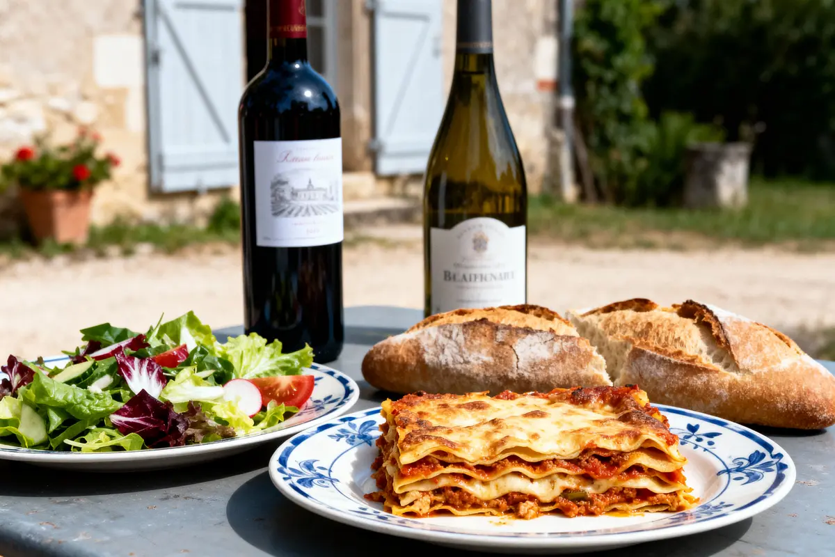 Assiette de lasagnes, salade, pain et vin sur table extérieure, devant maison avec volets bleus.
