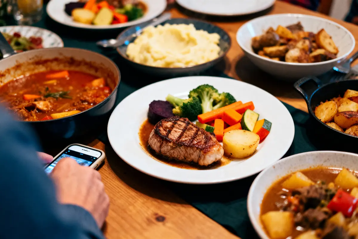 Assiette avec steak grillé, légumes et purée, sur table en bois avec plusieurs plats divers. Smartphone visible.