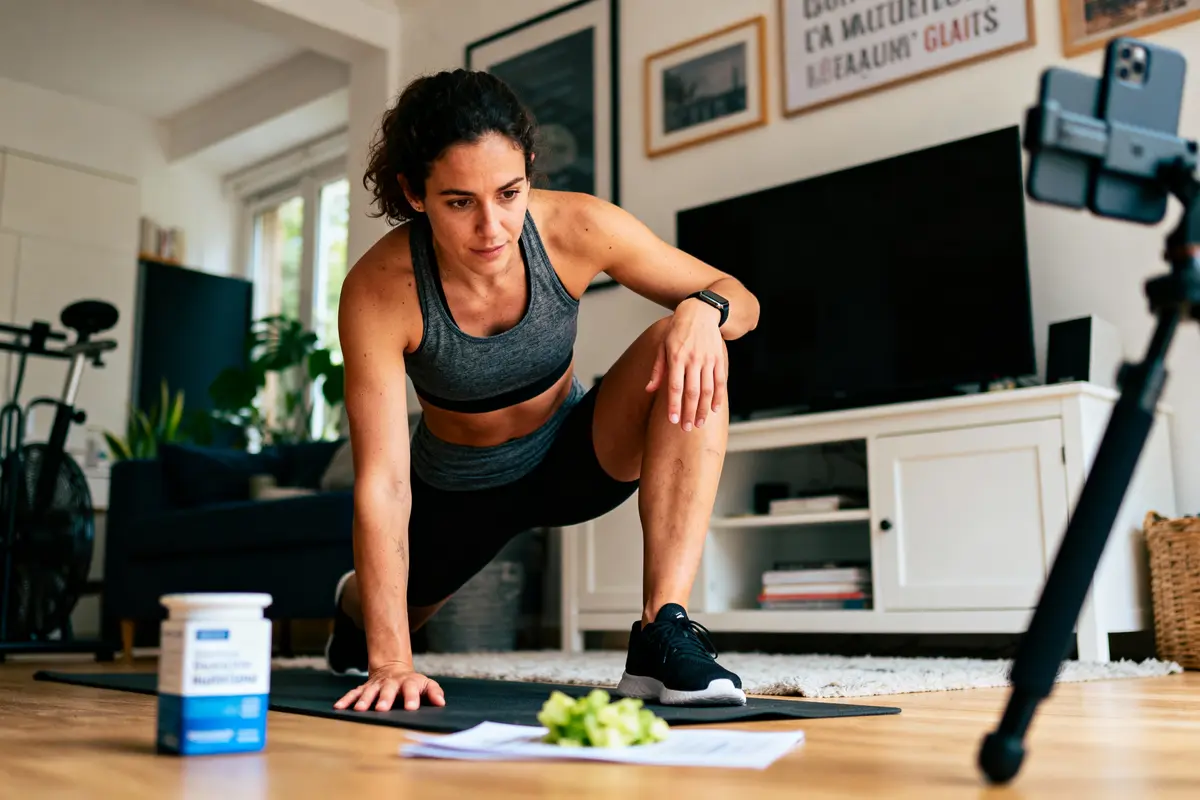 Femme faisant de l'exercice à domicile, en tenue de sport, filmée par un smartphone. Bocal de complément visible.