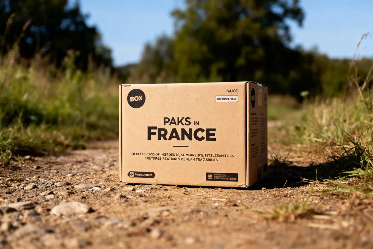 Carton marqué "PAKS in FRANCE" sur chemin de terre, entouré d'herbe et d'arbres en arrière-plan.