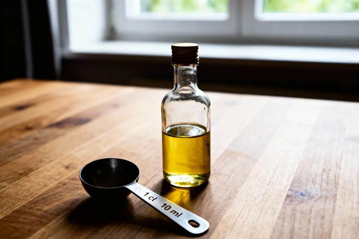 Bouteille d'huile et cuillère à mesurer sur table en bois près d'une fenêtre.
