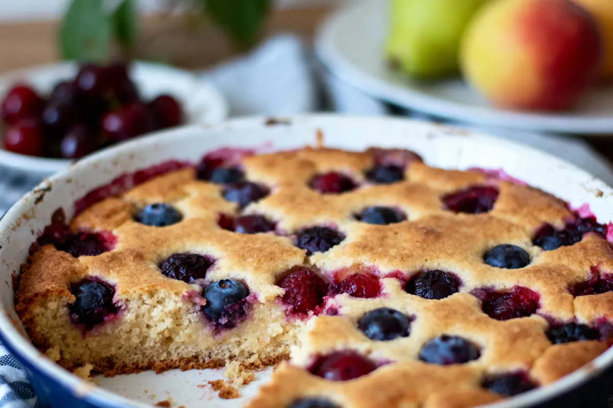 Gâteau aux fruits frais avec myrtilles et framboises, part manquante, assiette blanche, fond flou fruits.