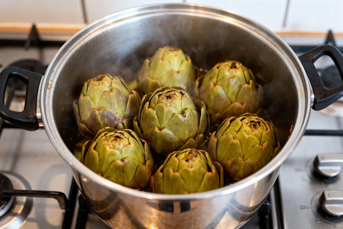 Artichauts cuisant à la vapeur dans une grande casserole en métal sur la cuisinière.