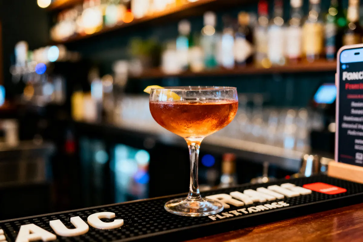 Verre à cocktail élégant sur bar avec fond flou de bouteilles et lumières colorées.