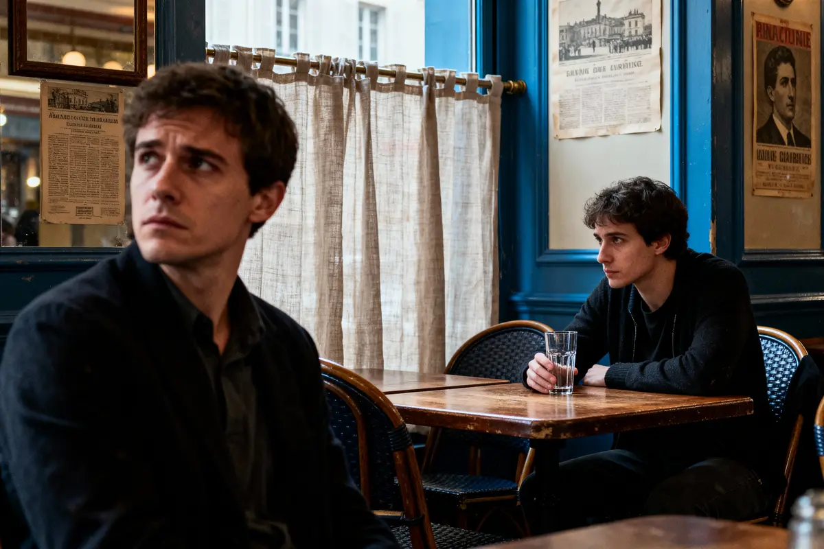 Deux hommes assis dans un café, atmosphère nostalgique, murs bleus, affiches anciennes, lumière douce, rideaux blancs.