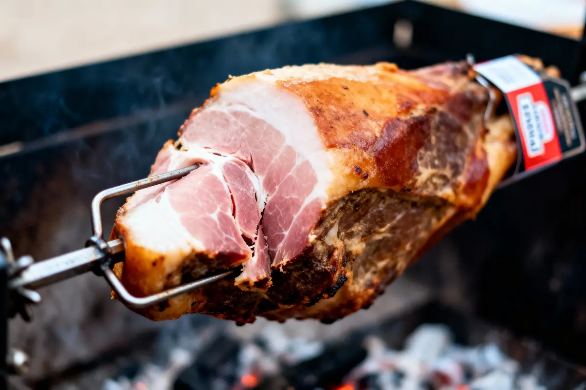 Jambon fumé sur broche au-dessus de braises ardentes, cuisson lente pour saveur intense et texture juteuse.